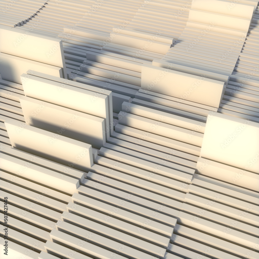 Poster wavy stacks of white rectangular shapes. modern pattern, geometric background. 3d rendering digital 