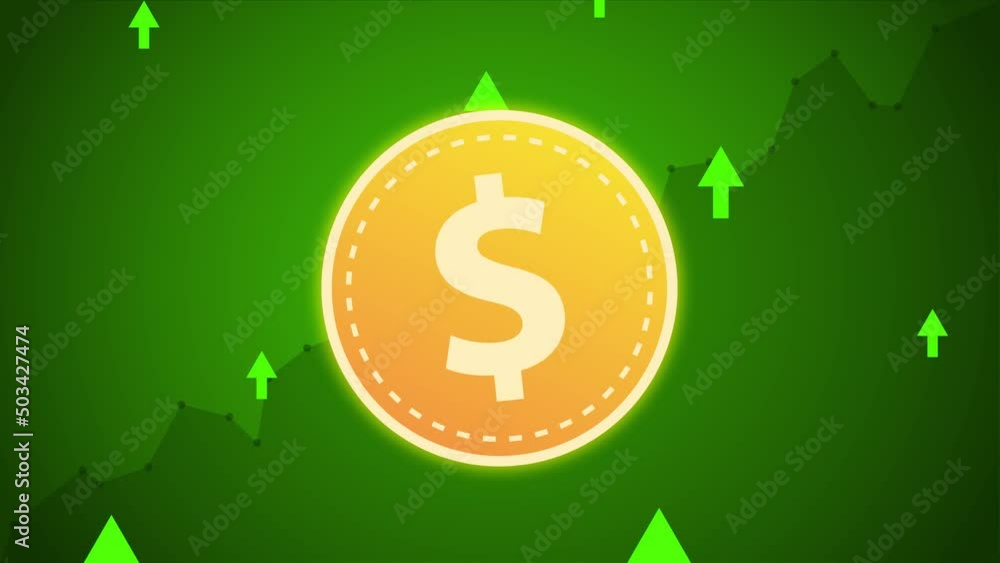 Poster dollar coin slowly spinning with arrows going up on green graph background. - animation