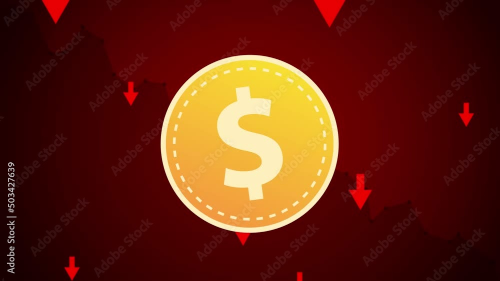 Poster dollar coin with red arrows going down ang graph in the background. - animation