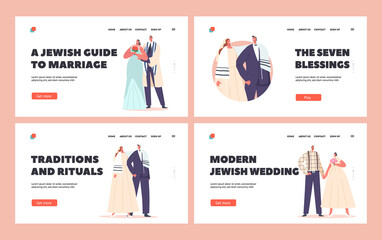 Jew Marriage Party Landing Page Template Set. Jewish Couples Wedding Ceremony, Contemporary Groom and Bride Characters