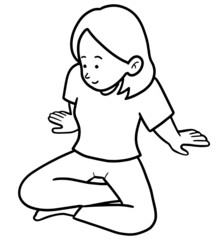 あぐらをかいて座る女性の線画イラスト　斜め上からのアングル