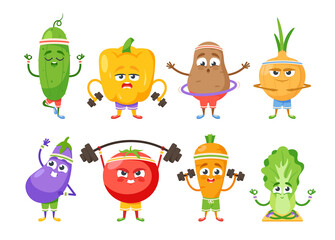 Obraz premium Vegetable Characters Sport Exercises. Potato With Hoop, Cucumber and Chinese Cabbage Yoga, Funny Bell Pepper, Tomato