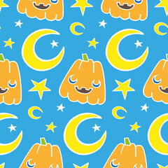 Halloween pattern with pumpkins, stars and moons