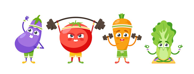 Cartoon Vegetable Characters Sports Workout and Exercises. Funny Eggplant, Tomato and Carrot Training with Weight