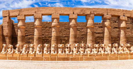 The row of ram-headed sphinxes inside the Great Court, Karnak Temple, Luxor, Egypt