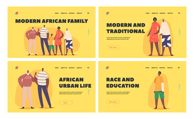 Modern African Family Landing Page Template Set. Characters Parents, Grandparents and Children Stand Together