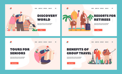 Senior Tourists Landing Page Template Set. Old People Searching Place with Map, Making Selfie. Old Characters Travel