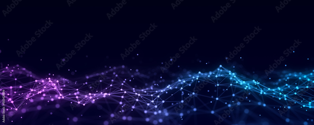 Poster abstract futuristic wave with moving dots. flow of colored particles and lines. cyber technology ill
