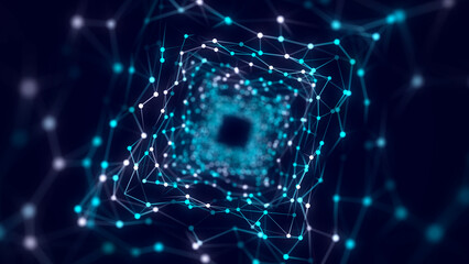 Cyber square tunnel consisting of moving glowing points. Futuristic infinite space background. Concept of data transfer in cyberspace. Hi-tech illustration. 3d rendering