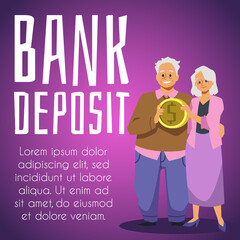 Pensioners have a deposit in bank, vector flat illustration.