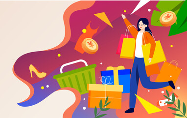 Girl is shopping with a lot of shopping bags, various goods and gift boxes in the background, vector illustration