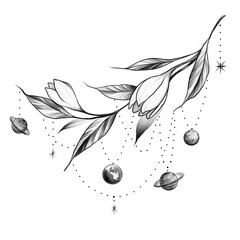 Graphic tattoo style illustration with flower branch and space planets