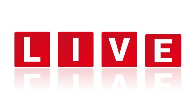 「LIVE」と書かれた赤いパネルがアニメーションする白背景の動画素材