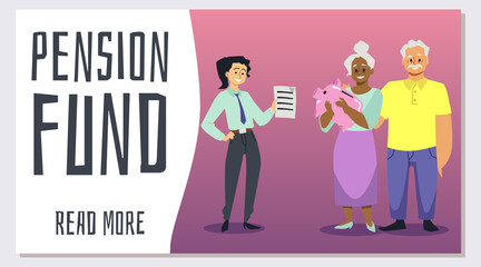 Pension fund employee helps elderly, web poster, vector flat illustration.