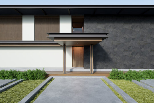 Modern house with entrance door and large stone wall in the garden, 3d rendering.