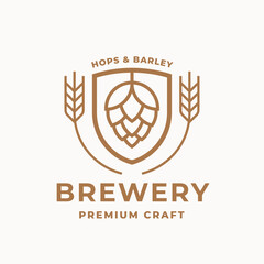 Craft beer logo design. Micro brewery icon. Beer label badge. Premium hops and barley brewing company symbol. Vector illustration.