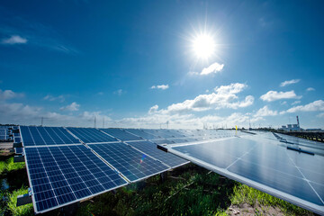 Solar field with solar panels under the sun, photovoltaic, alternative electricity source - green energy concept of sustainable resources to reduce global warming and climate change