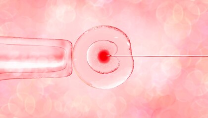 3d illustration of in vitro fertilization under a microscope. egg, medical needle, test tube, pipette. Beautiful medical banner in pink tones with a blurred background with highlights and texture - obrazy, fototapety, plakaty