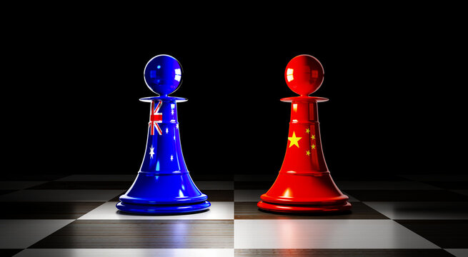 Australia And China Relations, Chess Pawns With National Flags - 3D Illustration