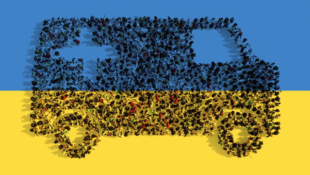 Concept or conceptual community of people forming the image of an ambulance on Ukrainian flag . A 3d illustration metaphor for 911 assistance,   hospital, emergency, rescue,medical aid and care