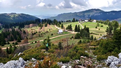 Fototapeta na wymiar Colorful mountain landscape with green meadows, pine trees and mountain roads, mountain Ozren, Bosnia and Herzegovina