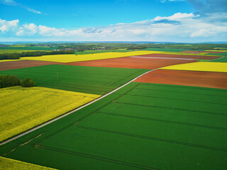 Aerial drone view of yellow rapeseed fields in Ile-de-France, France