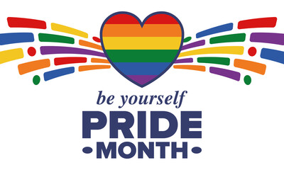 LGBT Pride Month in June. Lesbian Gay Bisexual Transgender. Celebrated annual. LGBT flag. Rainbow love concept. Human rights and tolerance. Poster, card, banner and background. Vector illustration