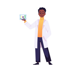 Male scientist holds test tubes, medical worker or agronomist, flat vector illustration isolated on white background.