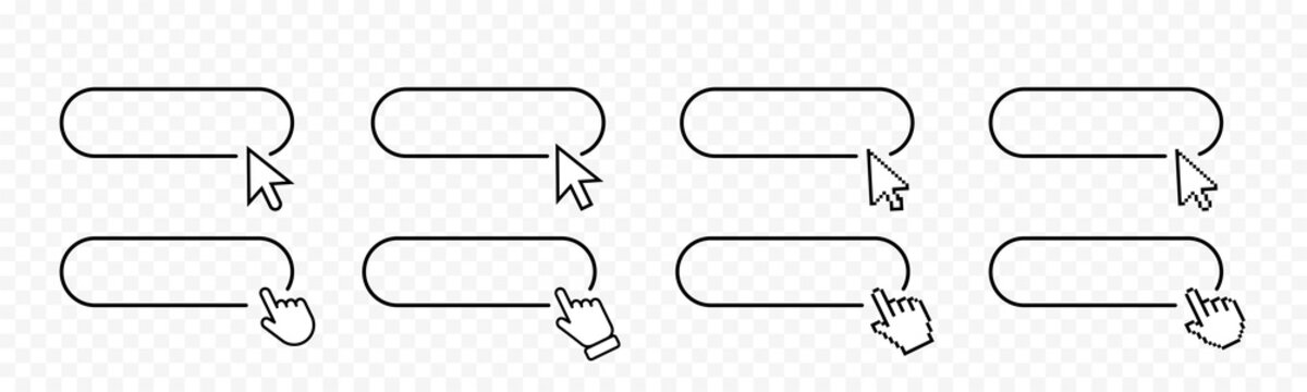 Mouse cursor clicking on frame. Hand pointer clicking icons. Click here web button sign. Isolated website link icon with hand finger arrow clicking cursor. Vector EPS 10