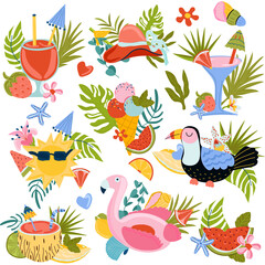 Set of cute Summer compositions, inflatable flamingo toy, tropical leaves, fruit, cocktails, toucan and other perfect for postcard, scrapbooking, beach party. Hot season. Vector illustration.