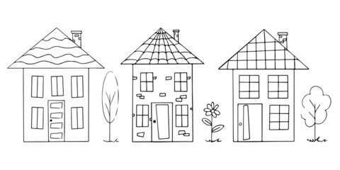 Simple houses in the style of a doodle drawn by hand. For printing on clothes or coloring for children. Vector illustration