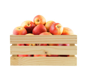 Wooden crate with red apples isolated on white background