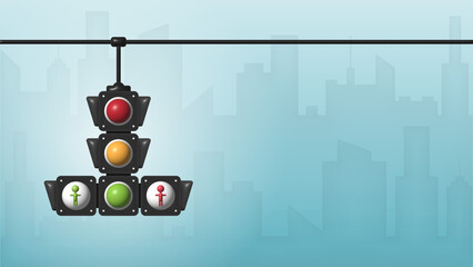 3D traffic light signal with red, yellow and green color, Concept traffic light banner free space for text. Vector illustration of stoplight.