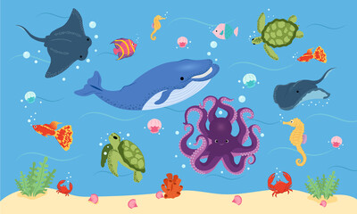 Naklejka na ściany i meble Ocean animals summer set. Octopus. Fish. Jellyfish. Turtle. Whale. Cramp-fish.