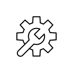 Simple wrench and gear or repair outline black icon. Service station. Trendy flat style isolated symbol, used for: illustration, minimal, logo, mobile, app, emblem, design, web, ui, ux. Vector EPS 10