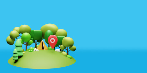 Tent camping in forest with map pin on gradient background. 3d rendering image of low poly objects.