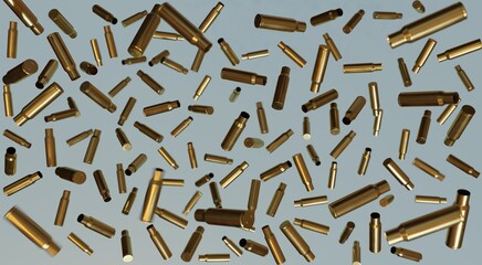 3D rendering. Many empty used cartridge cases on a light gray background. Background for website, poster or flyer.
