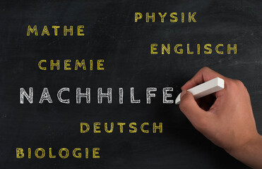 The word for private tutoring is standing in german language on a chalkboard, help for students in...