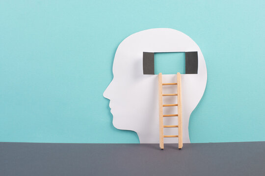 Silhouette of a man, window to the brain, ladder of success, open minded, brainstorming for ideas, disorder and psychology concept