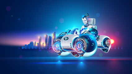 A sci-fi futuristic flying car hovered over road against backdrop of a futuristic city. A woman cyborg driver drives a fast single-seat vehicle. Vector illustration of concept of a science fiction car