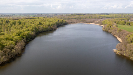 Farum, Denmark - May 04, 2022: Aerial drone view of Farum Lake in northeastern Zealand.