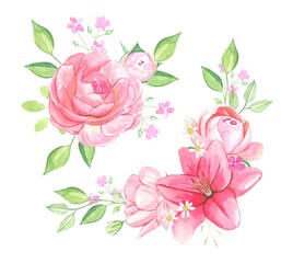 Watercolor flowers, bouquets of pink flowers isolated on white background.