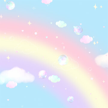 3d rendered soft pastel rainbow sky with clouds, bubbles, and stars wallpaper.