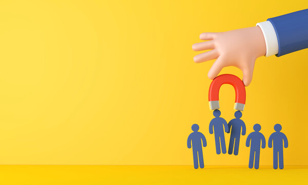 Hand holding a magnet attracting new customers or recruiting new staff members. 3D Rendering