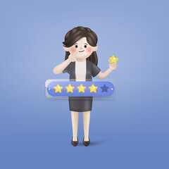 3d illustration vector cute businesswoman review rating and feedback concept. 3d vector cartoon design.