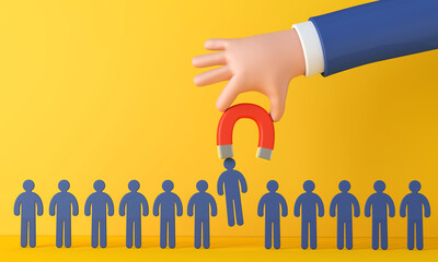 Hand holding a magnet attracting new customers or recruiting new staff members. 3D Rendering