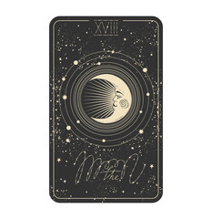 Sun card icon moon, crescent with face on black space background with stars. Major arcana for divination witch, aesthetic hand drawn illustration in vintage design. Vector isolated on white background