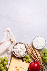 Shavuot flat lay with dairy products, first fruits and wheat on light gray background