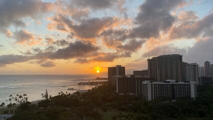 Sunset over the Waikiki beach, Oahu Island, Hawaii year 2022 May
