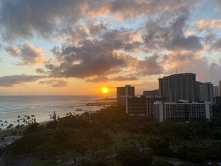 Sunset over the Waikiki beach, Oahu Island, Hawaii year 2022 May